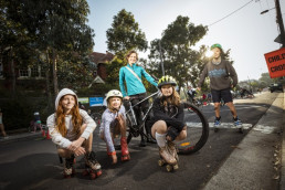 Brunswick East Primary School mother Trish Lloyd with her children Joni (second from left) and Max (far right) and friends Olive and Marlowe. CREDIT:CHRIS HOPKINS